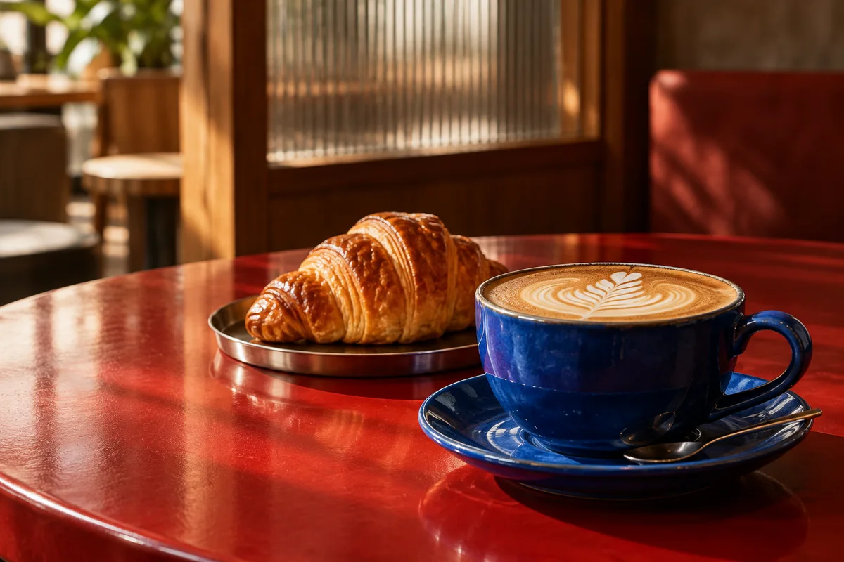 Cappuccino dalam cangkir biru dan croissant di meja merah