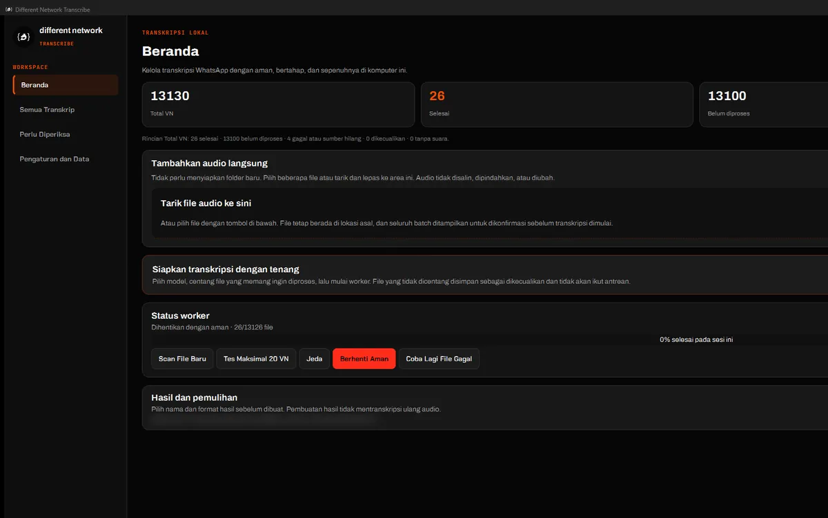 Tampilan desktop Different Network Transcribe
